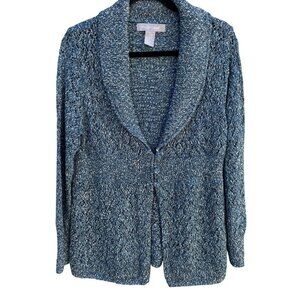 Modern Soul Womens Shawl Collar Blue Metallic Open Knit Cardigan Sweater Jacket